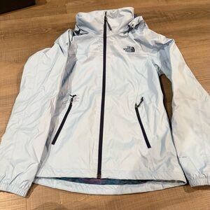 The North Face Sky Blue Hooded Jacket With Multi Colored Inner Lining